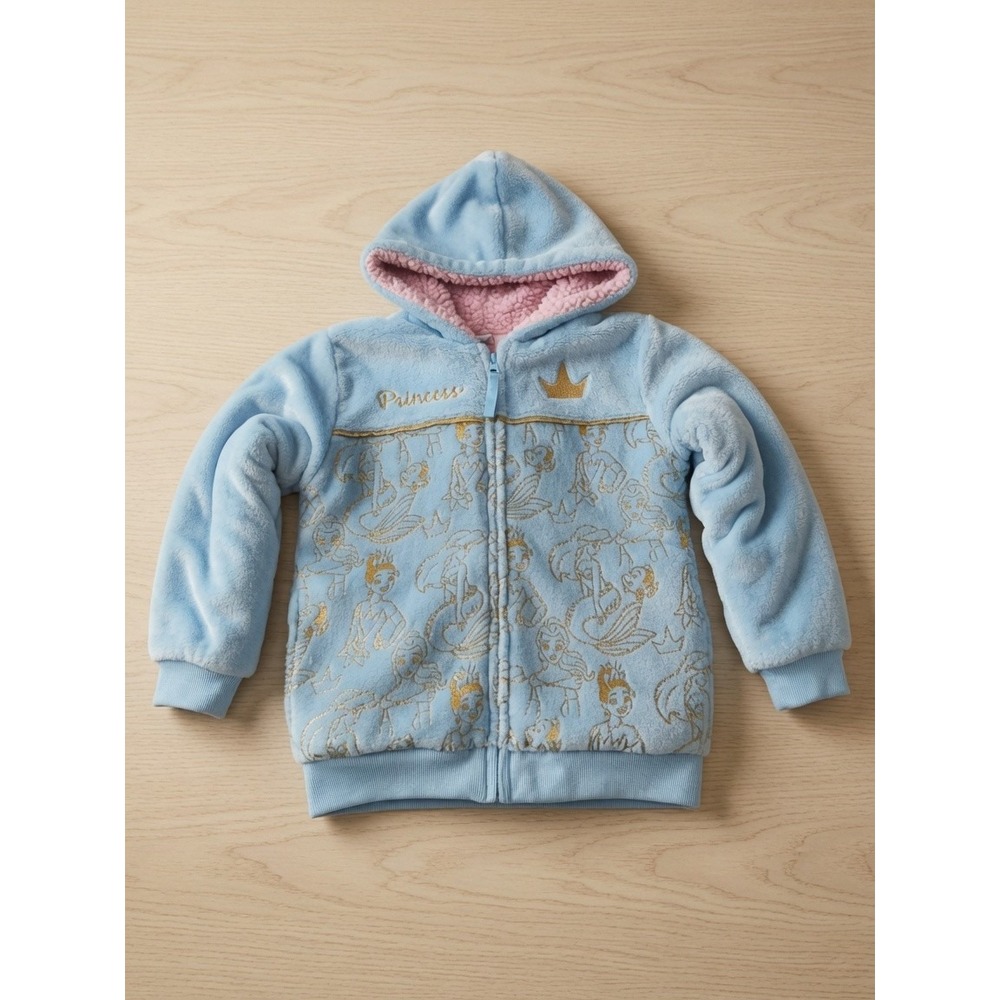 Disney Princess Girls Size 7 Blue Sherpa Lined Hoodie Gold Foil Print Fleece